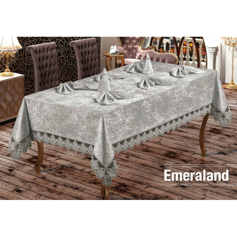 Скатертина велюр-жаккард прямокутна 160х220+8 серветок 35*35 Emerald Cream, Туреччина