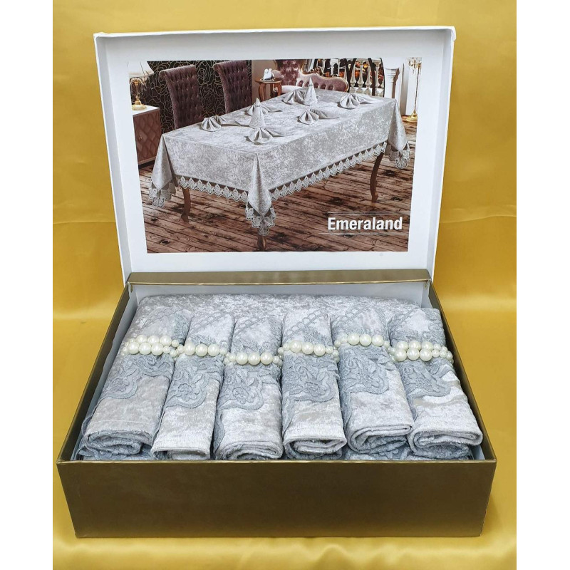 Скатертина велюр-жаккард прямокутна 160х220+8 серветок 35*35 Emerald Cream, Туреччина