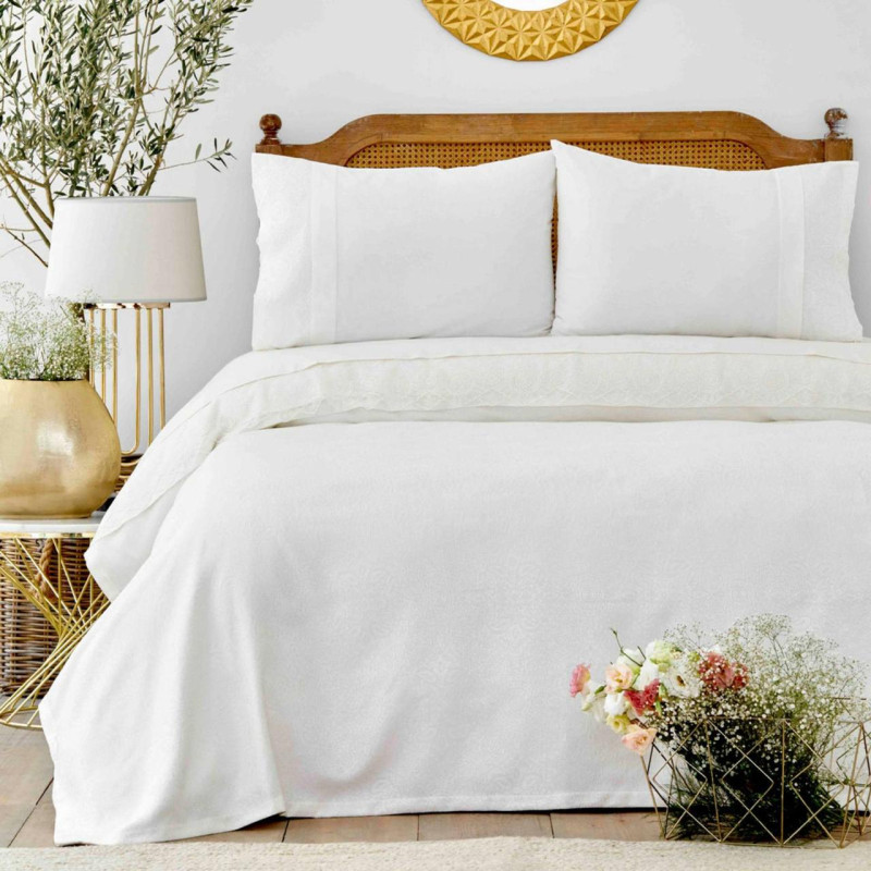 Постельное белье Ранфорс с жаккардовым покрывалом 230х250 (ТМ KARACA HOME) Крем, Турция