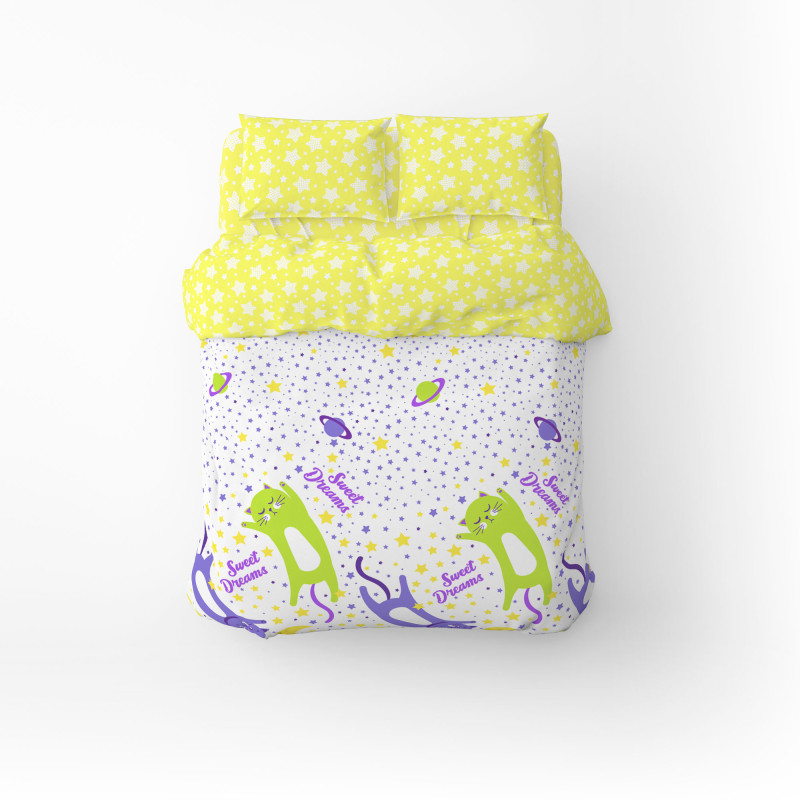 Дитячий комплект постільної білизни Home Line "Коти фіолетово-лаймові, Зорі в горох лаймові" 163814