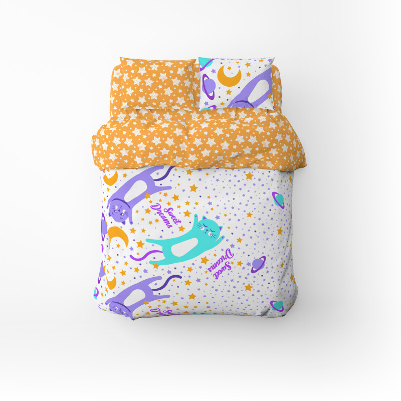 Півтораспальний комплект постільної білизни Home Line "Коти та зорі в горох" (бірюзовий, абрикосовий