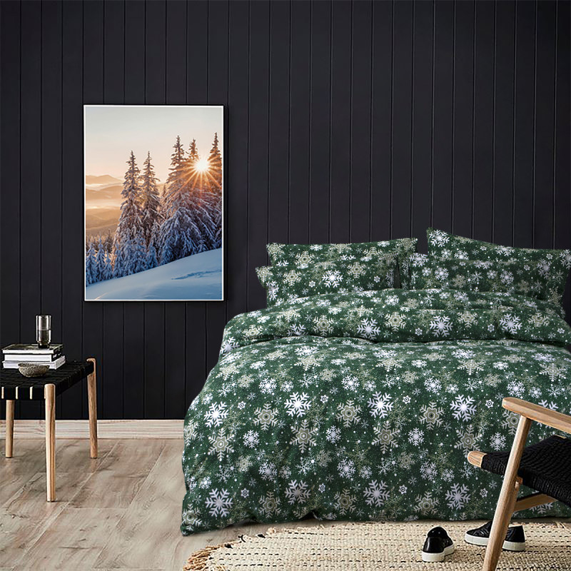 Постільна білизна Lotus Home Фланель - Snowflake зелений/білий полуторний
