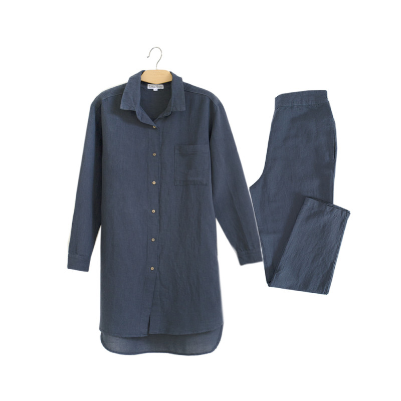 Домашня довга сорочка з льону Lotus Home - Bruma синій XL