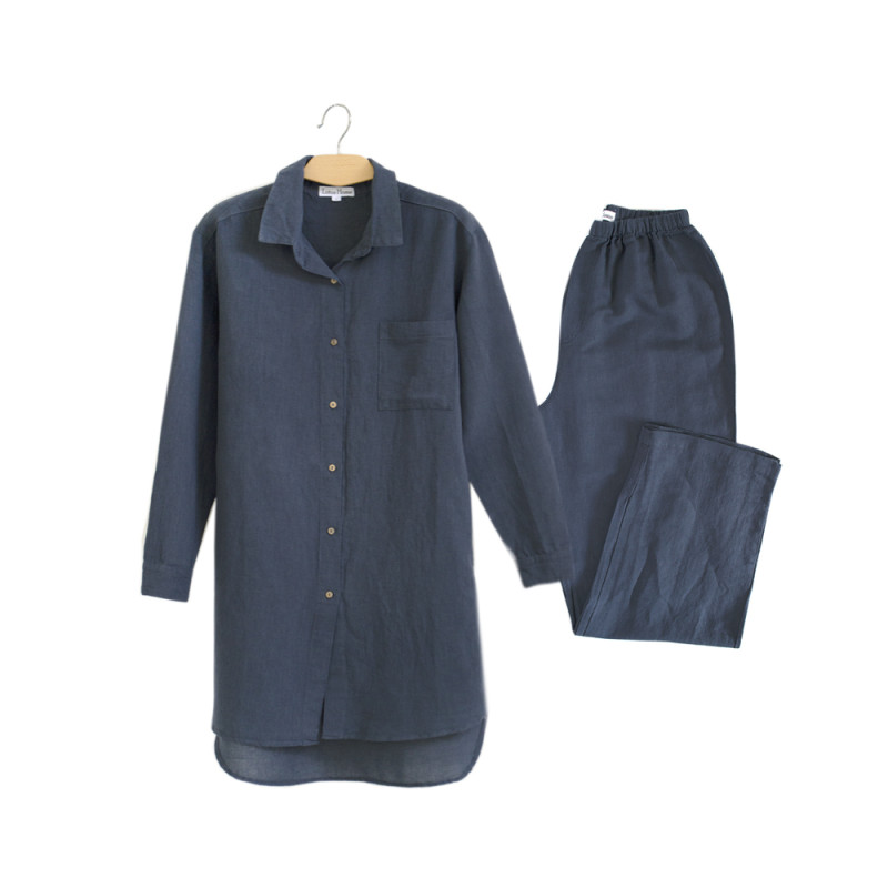 Домашня довга сорочка з льону Lotus Home - Bruma синій XL