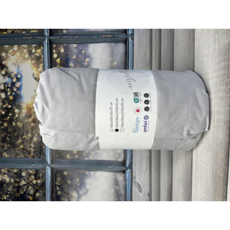 Gri 180x200 см., бавовняне простирадло на резинці з наволочками. Majoli Туреччина. (70018)