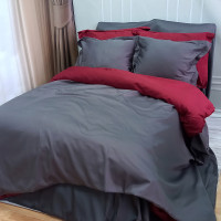 Постільна білизна ДУЕТ ANTHRACITE/WINE BORDO Premium Сатин MERISET - Двоспальний на резинці (550347)