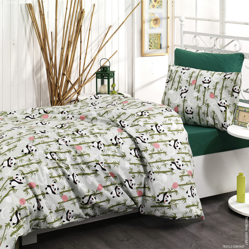 Постільна білизна Панди зелені Ранфорс MERISET - Сімейний на резинці (550249)