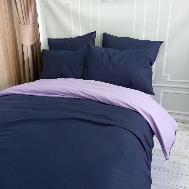 Постільна білизна ДУЕТ Темносинє/Лавандовий настрій Ранфорс MERISET - Двоспальний на резинці (550258)