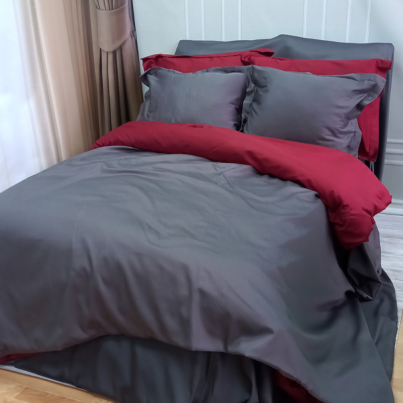Постільна білизна ДУЕТ ANTHRACITE/WINE BORDO Premium Сатин MERISET - Двоспальний на резинці (550347)