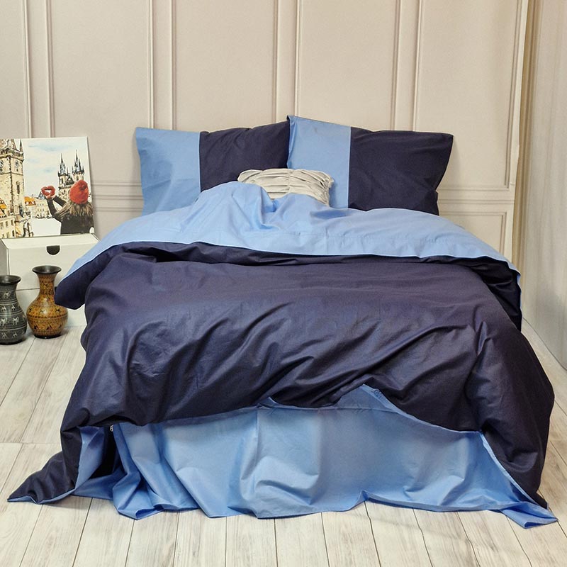 Постільна білизна PREMIERE Темно-синє/Блакить Ранфорс MERISET - Євро на резинці (560201)