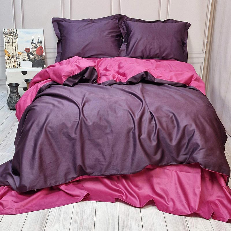 Постільна білизна ДУЕТ VIOLET FLOWER/BERRY Premium Сатин однотон MERISET - Сімейний на резинці (560629)