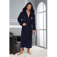 Men's Bathrobe Nusa 2955, Navy Blue, with Hood and Belt