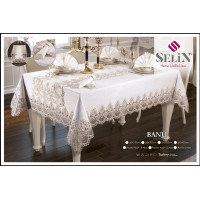 Лляна скатертина Selin Banu з ранером і 12 серветками, кремова, 160×350 см