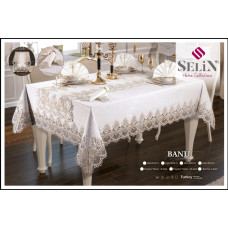 Лляна скатертина Selin Banu з ранером і 12 серветками, кремова, 160×350 см