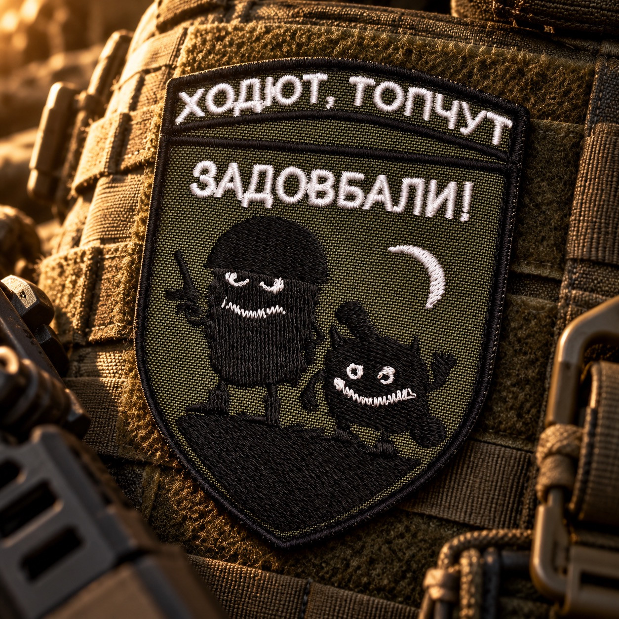 Шеврон «Ходют, топчут — задовбали!» хакі 7х9 см, вишитий патч на липучці