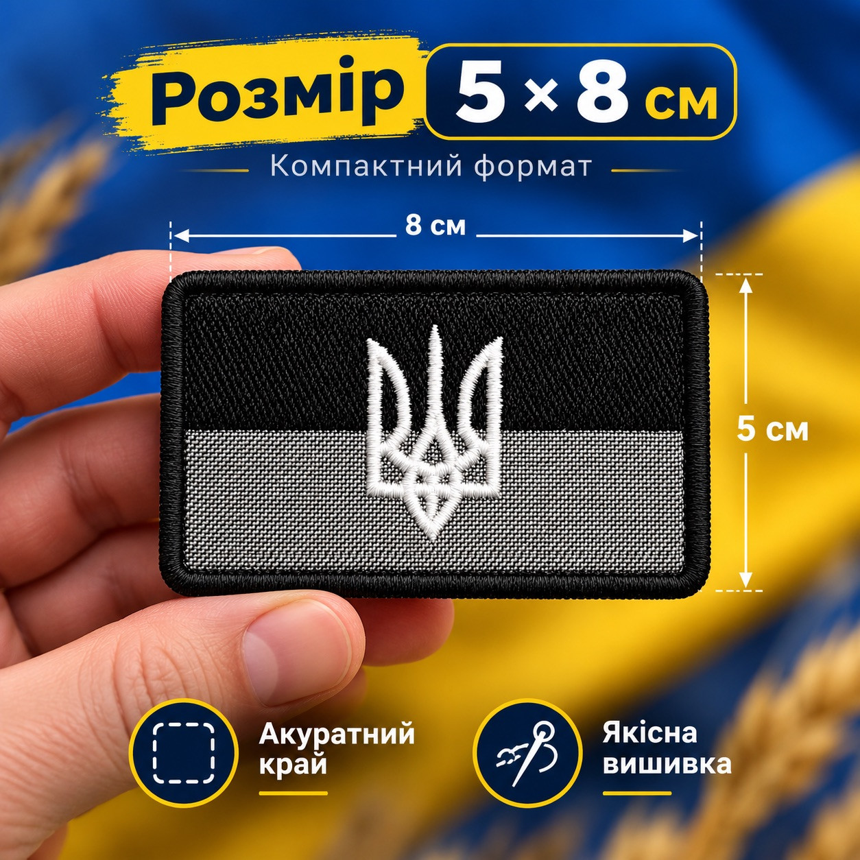 Шеврон УПА чорно-сірий з тризубом 5х8 см, вишитий патч на липучці