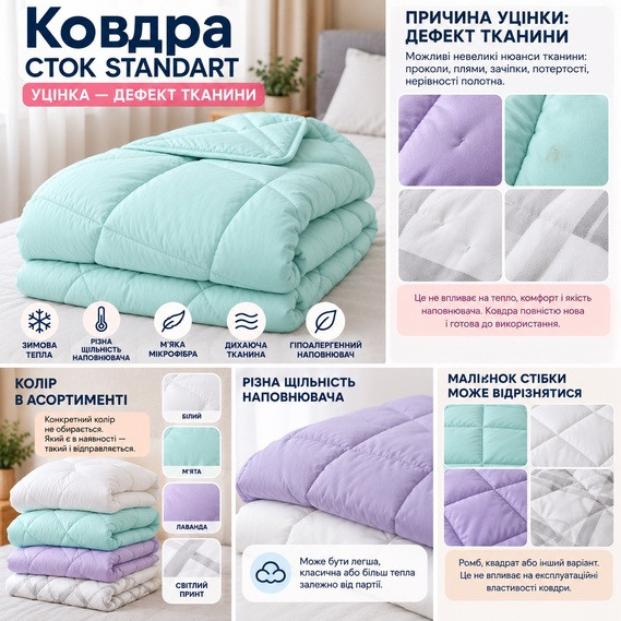 Ковдра СТОК STANDART 175х210 см, 250–350 г/м2, мікрофібра, уцінка, дефект тканини, колір в асортименті біла